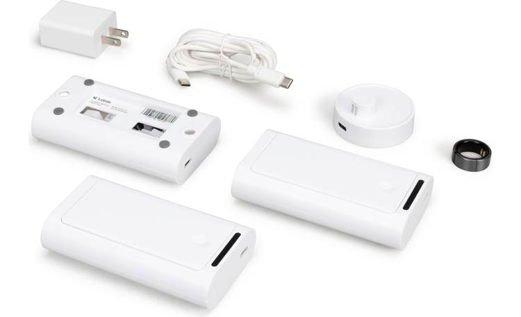 Lotus Kit (1 Ring + 3 Switch Covers) Kit includes a ring, 3 rocker-style switch covers, and a charging dock/cable