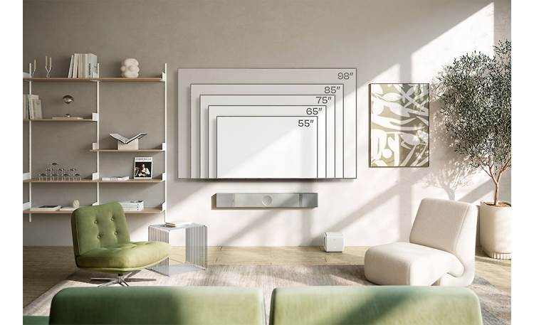 KEF XIO Size comparison between wall-mounted sound bar and 55