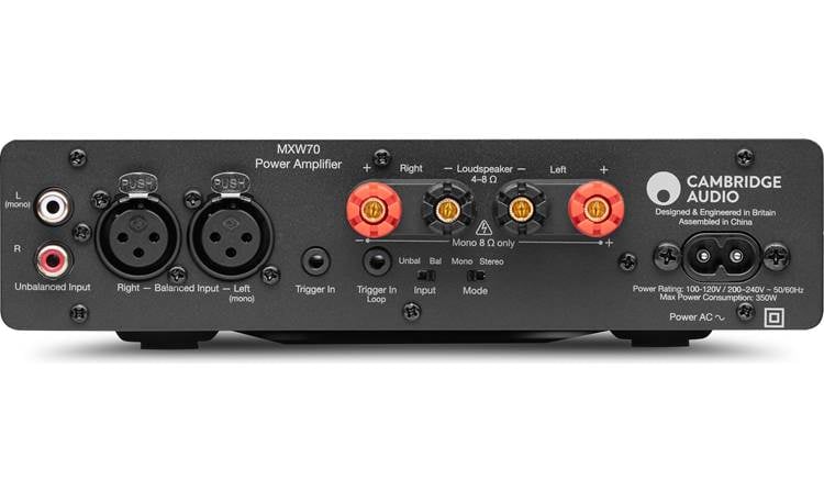 Cambridge Audio MXW70 Switchable stereo balanced XLR and unbalanced RCA inputs, mono or stereo mode speaker switch, 5-way binding post speaker connectors, and 12v trigger input/pass-through
