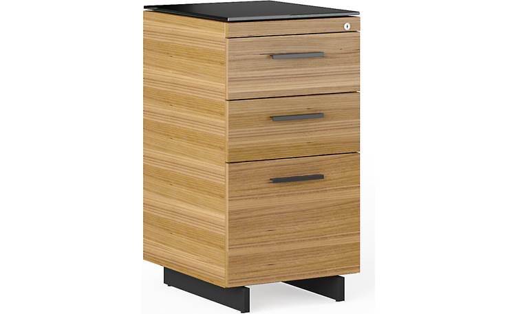 Tall wooden cabinet with black top
