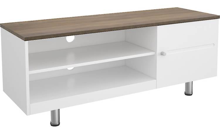 TV stand with wood top and white body, single cabinet