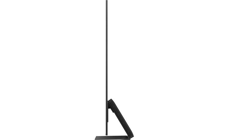 Samsung QN55S95F Side view of ultra-slim TV with One Connect Box attached to stand