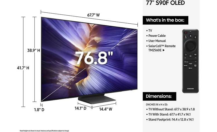 Samsung QN77S90F Dimensions from manufacturer may vary slightly from Crutchfield's measurements