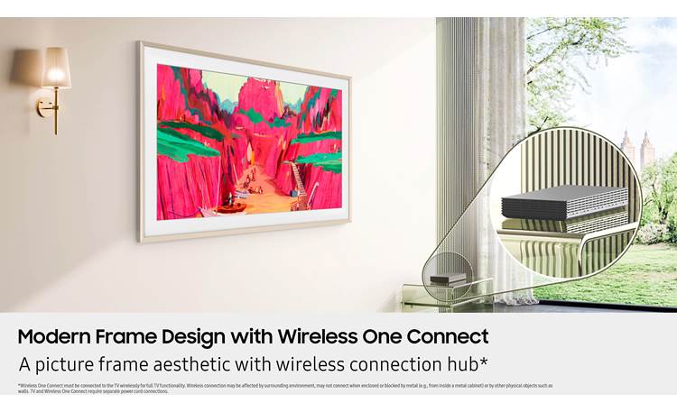 Samsung The Frame Pro (LS03FW) Wireless One Connect Box for clean installation — TV still requires power connection (shown with optional bezel)