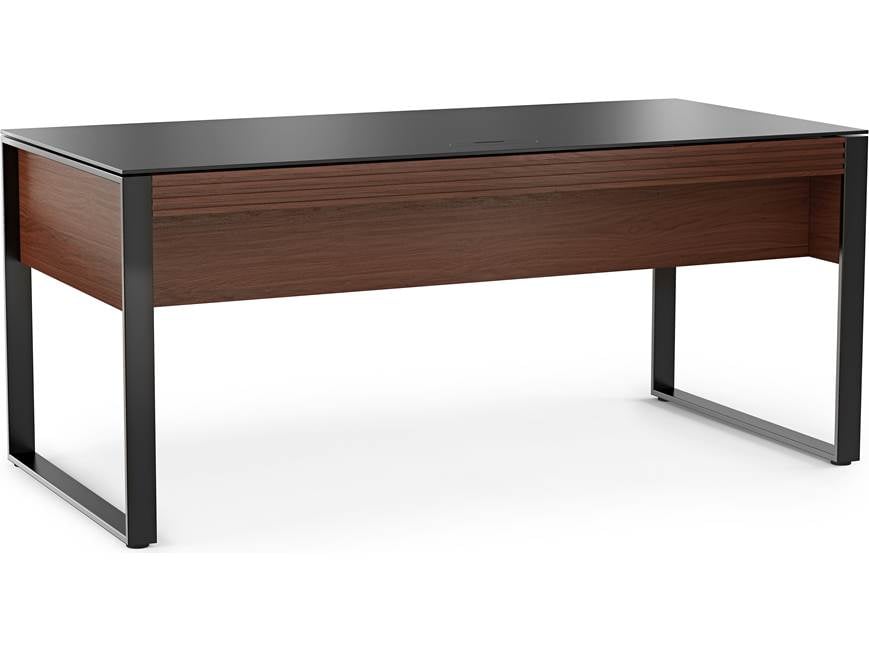 BDI Corridor Office 6521 desk with black top and wooden panel, empty in a studio