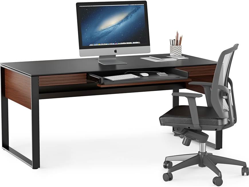 BDI Corridor Office 6521 desk with black top, gray legs, and wood paneling with chair