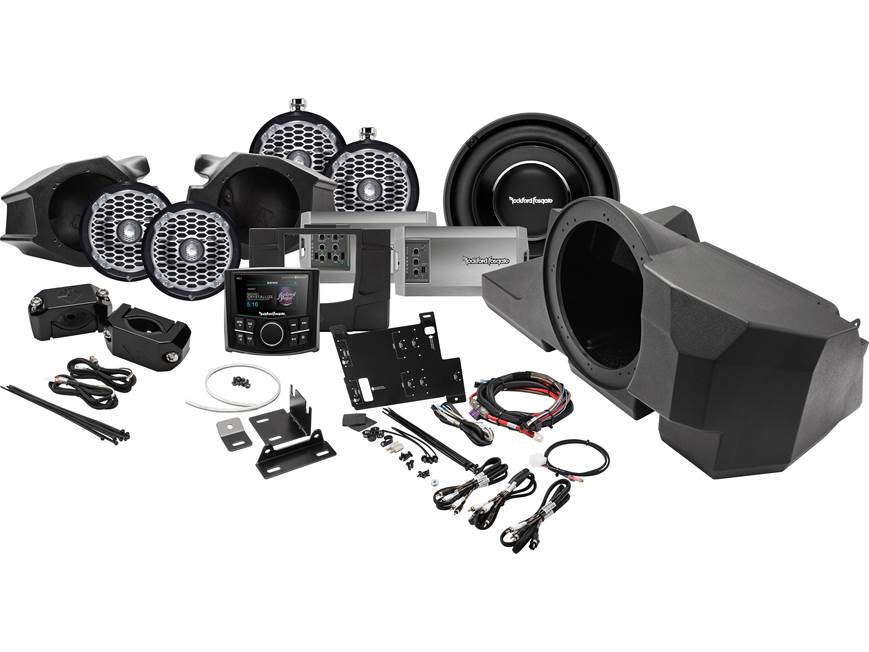 Rockford Fosgate RZR-STAGE5 Stage 5 audio upgrade kit for select 2014-up  Polaris RZR models: includes receiver, 4 Punch speakers, 2 Power amps, and  a Power subwoofer at Crutchfield