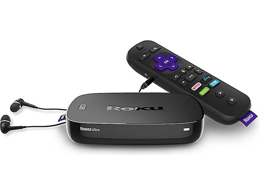 Roku Ultra 4661R Streaming media player with JBL earbuds at
