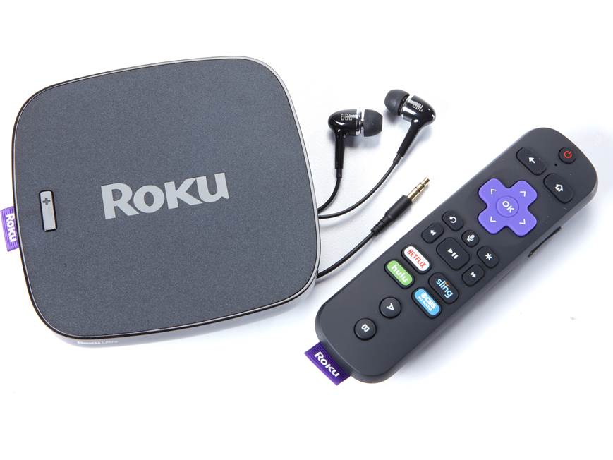 Roku Ultra 4661R Streaming media player with JBL earbuds at