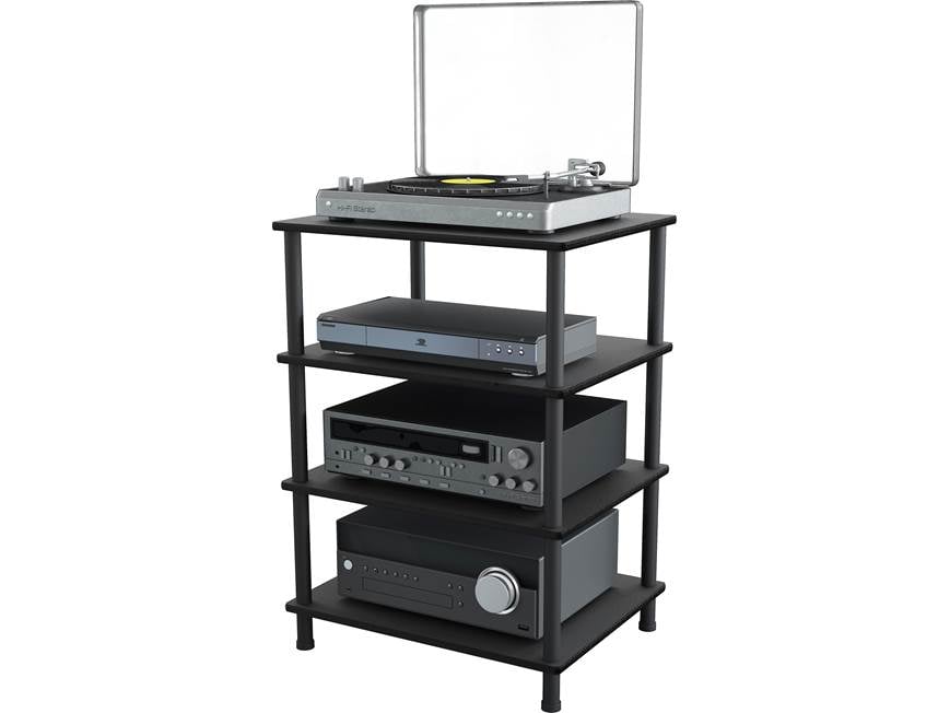 Audio equipment stand with record player and components on shelves