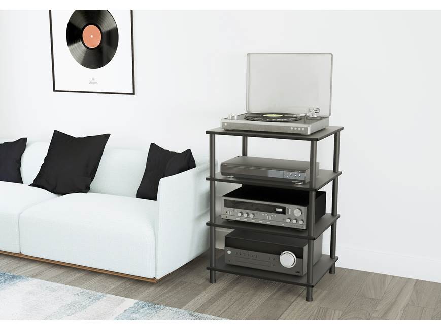 Audio stand with home entertainment setup in living room