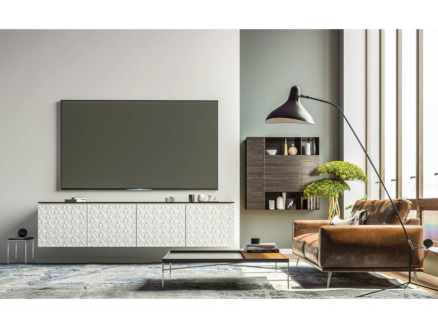 Wide white geometric-patterned media console under a wall-mounted TV