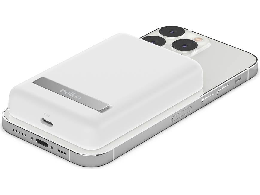 Belkin BoostCharge Magnetic Wireless Power Bank 5K + Stand (White) Portable  5,000 mAh power bank/MagSafe wireless charger (White) at Crutchfield