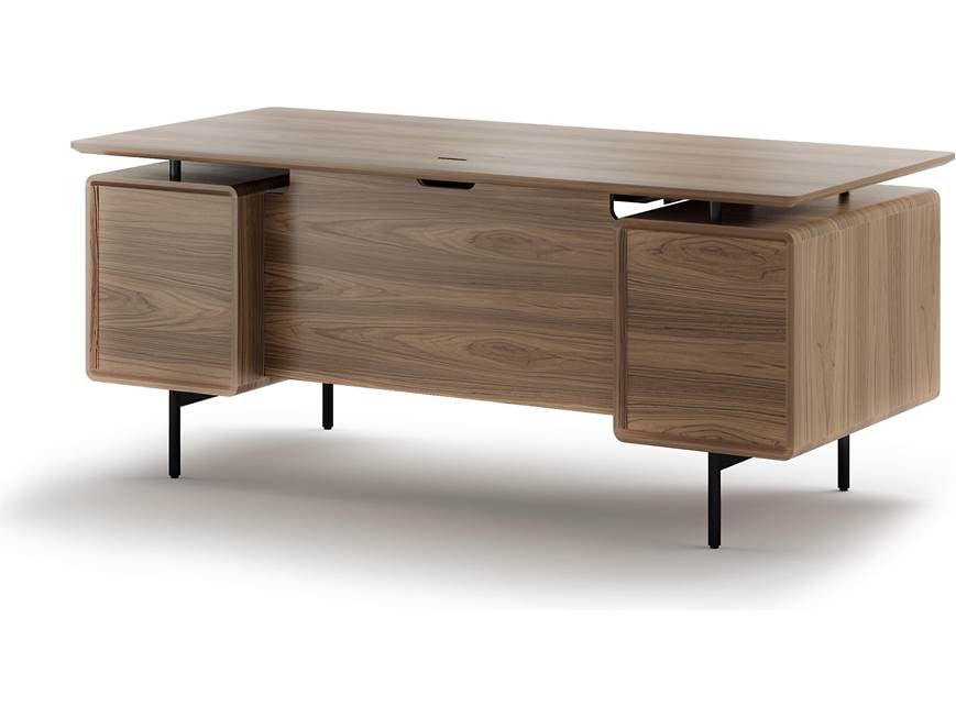 Desk viewed from side showing integrated drawers and top surface