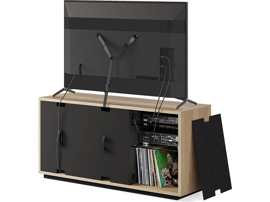 Back of TV stand showing ports and components