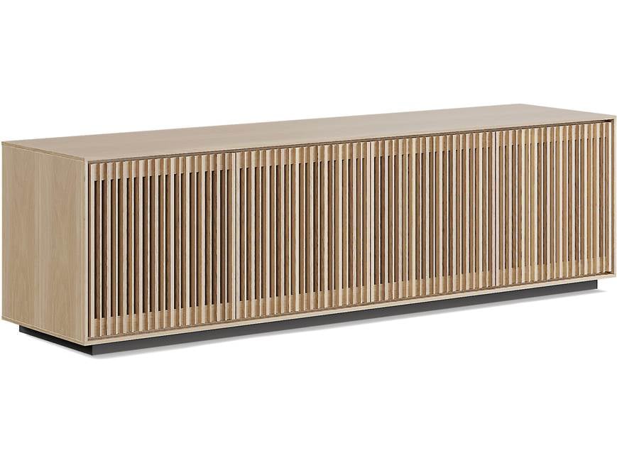 Long wooden low-profile cabinet with slatted doors