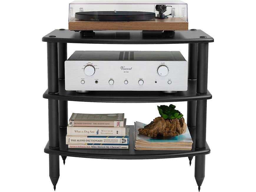 Record player and amplifier on black three-tier rack