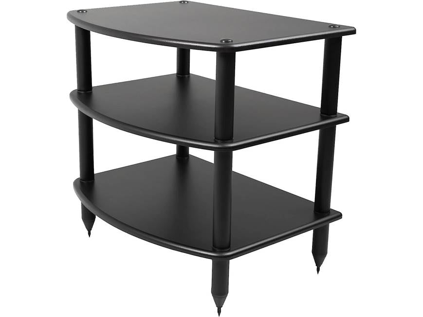 Three-tier black rack angled view