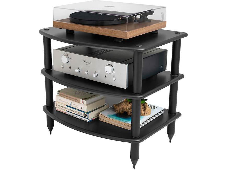 Turntable on top shelf with other audio gear