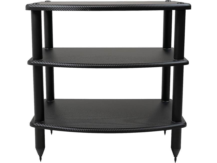 Three-tier black carbon fiber audio rack close-up