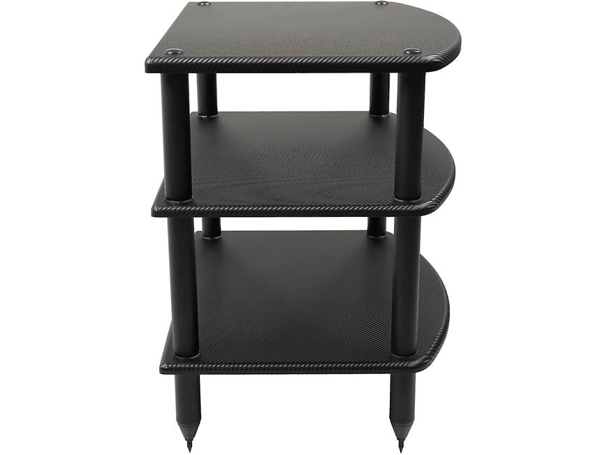 Front view of three-tier black carbon fiber audio rack