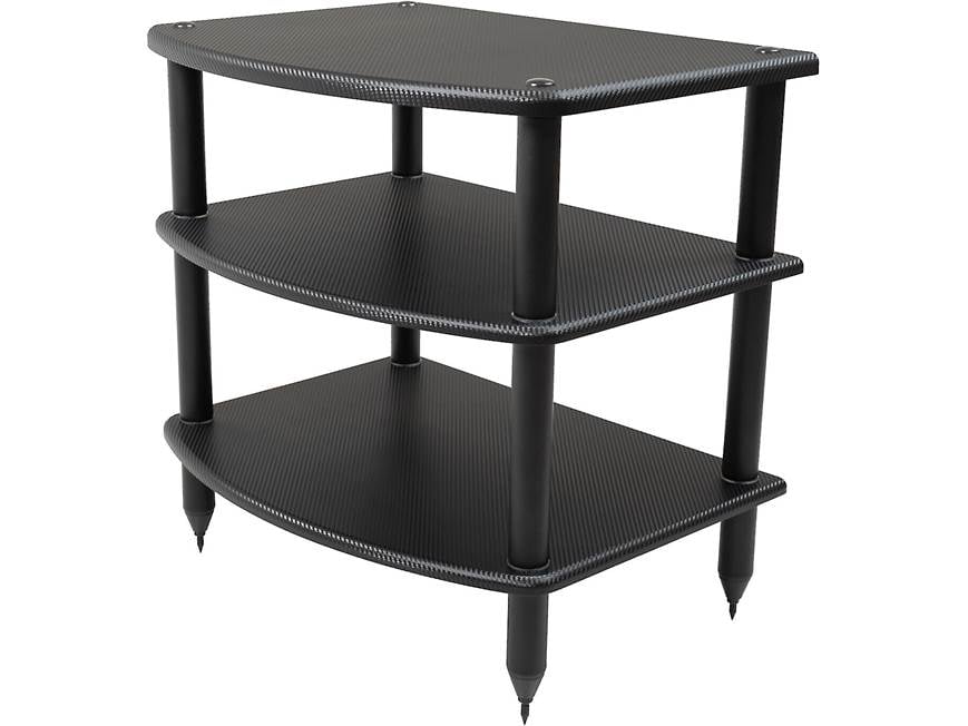 Three-tier black carbon fiber audio rack with curved shelves