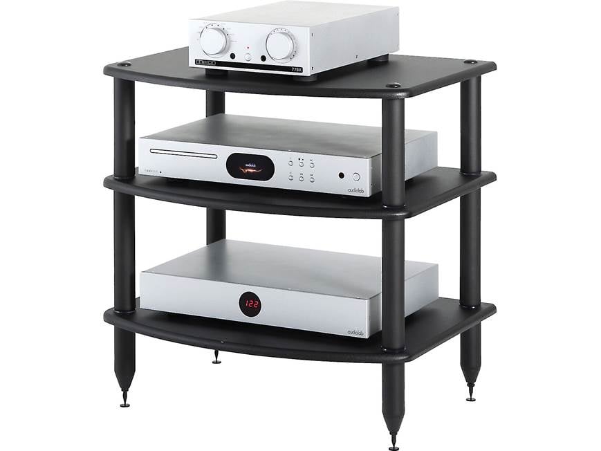 Rack with turntable, amplifier, and receiver