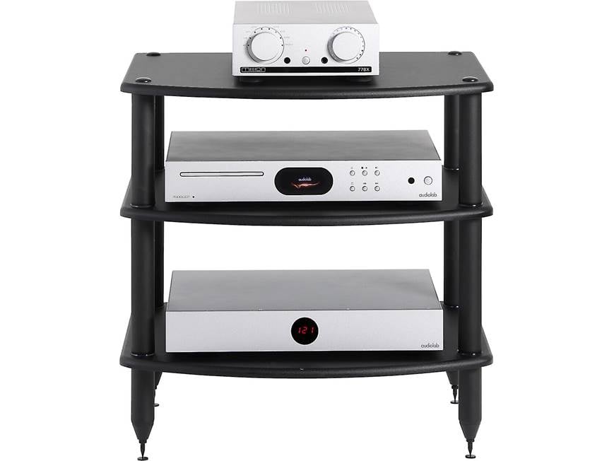 Rack with audio components on three-tier stand