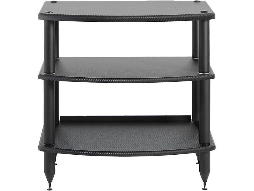 Three-tier black carbon fiber audio rack close-up with legs