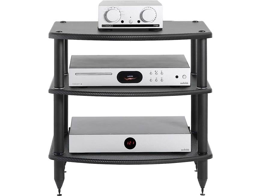 Four-tier audio component rack with two stacked devices on middle and bottom shelves