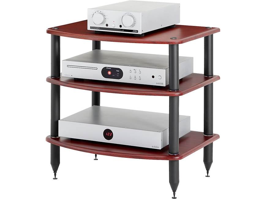 Vulcan audio rack with multiple components arranged on each shelf