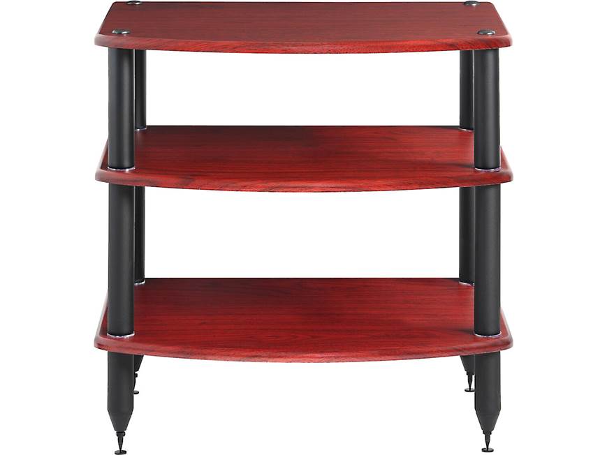 Front view of Vulcan audio rack showing three shelves and black posts