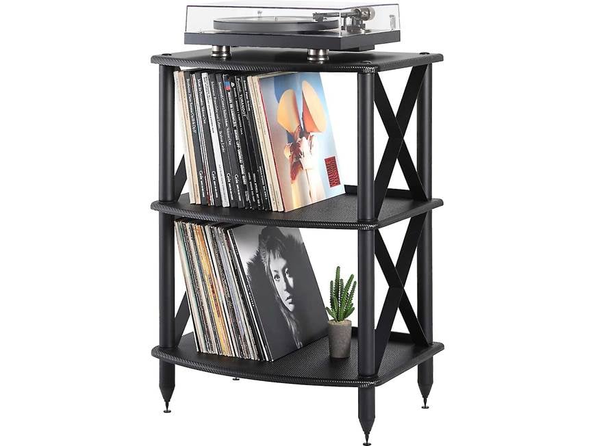 Turntable on top of stand with vinyl collection and plant