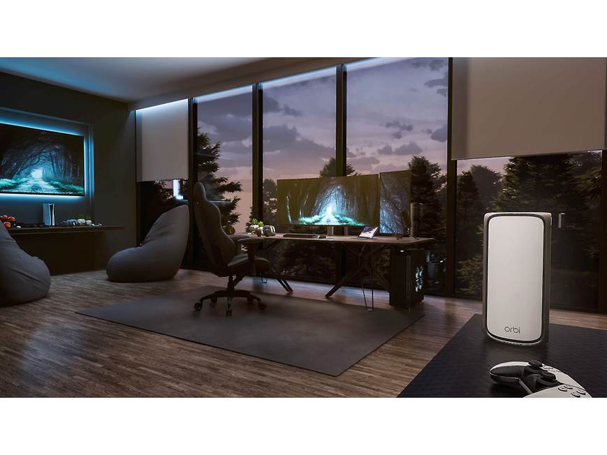 The sleek, modern design of the Netgear Orbi 9 Wi-Fi 7 mesh system, showcasing its premium aesthetic as a central home networking device.