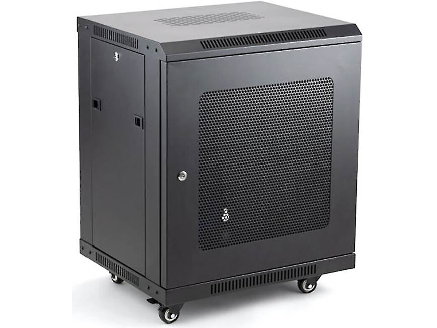 Black metal cabinet with large front perforated panel