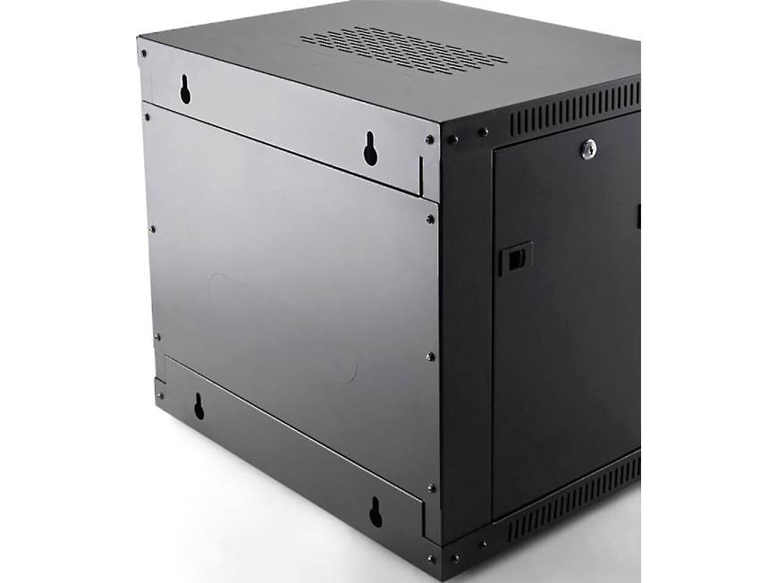 Back/top corner view of metal equipment cabinet with lock