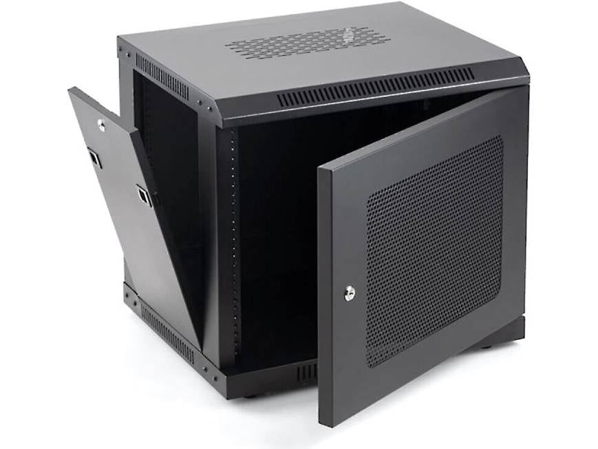 Angle view of a black rack cabinet with front door open