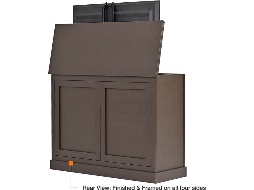 Open top of TV lift cabinet showing lid and interior