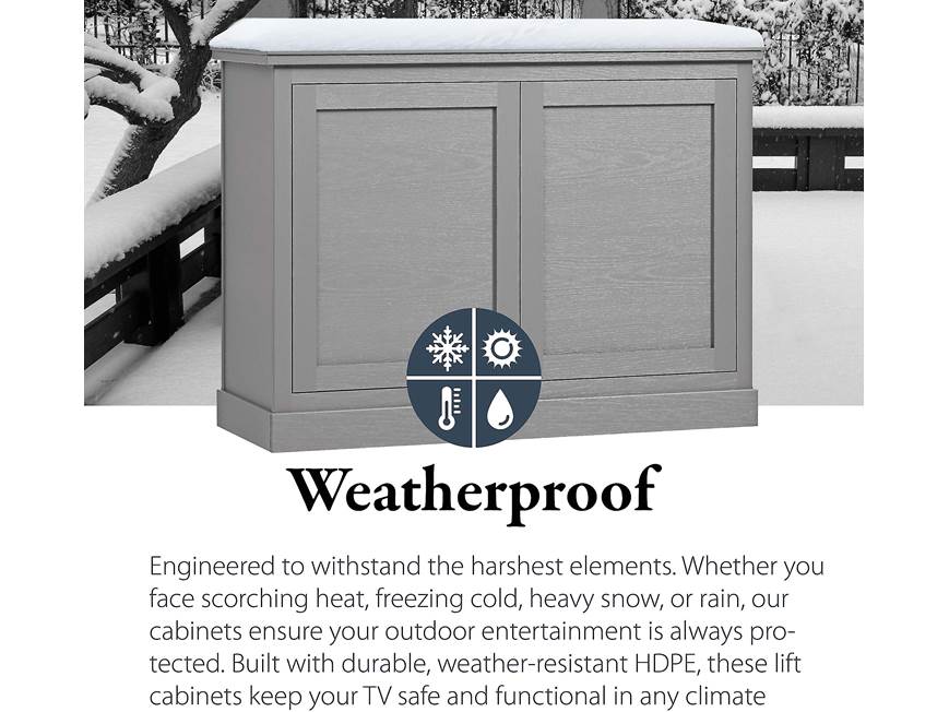 Weatherproof outdoor TV lift cabinet showing weatherproof features