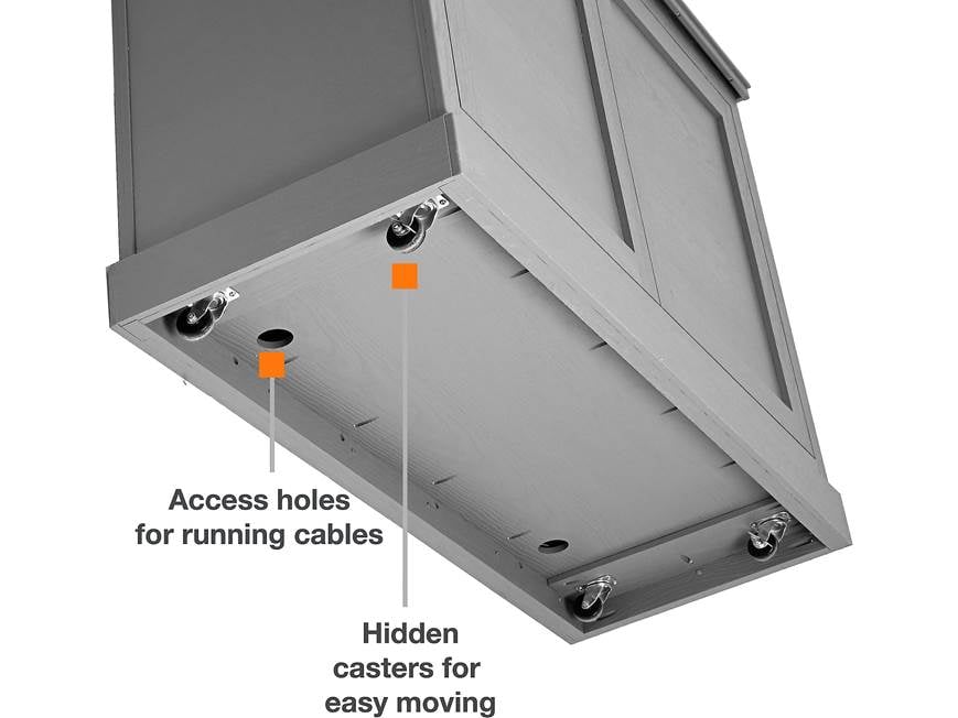 Bottom view showing casters and holes for cables
