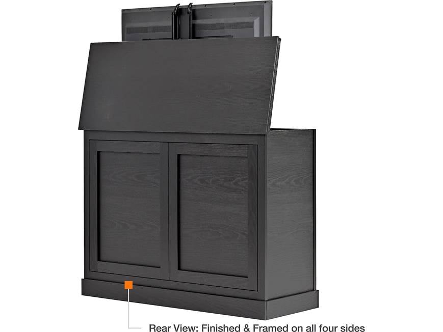 Underside of cabinet showing hinges and cable access with text