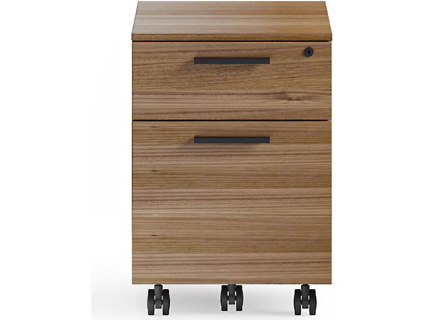 front view of a two-drawer wooden filing cabinet with locks and handles