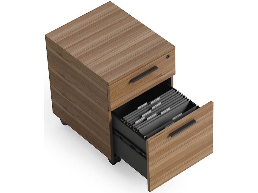 wooden mobile filing cabinet with two drawers and open bottom drawer showing hanging file rails