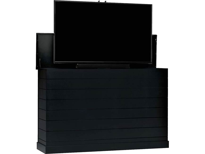 Black outdoor shiplap TV lift cabinet with TV on top