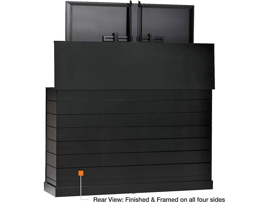 Rear view of black outdoor shiplap TV lift cabinet showing casters and cables