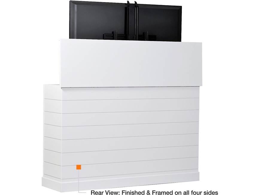 Rear and side view of white outdoor shiplap TV lift cabinet