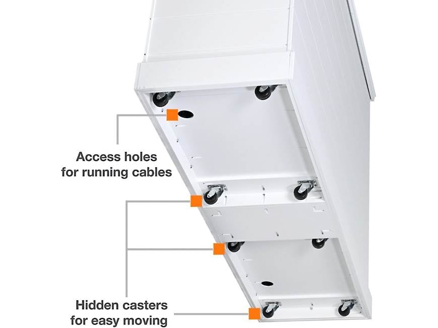 underside view showing wheels and storage features