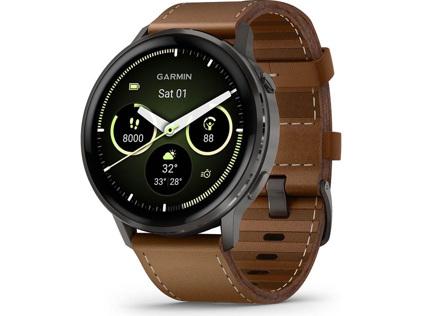 Garmin Venu 4 (Slate with black silicone band and brown leather