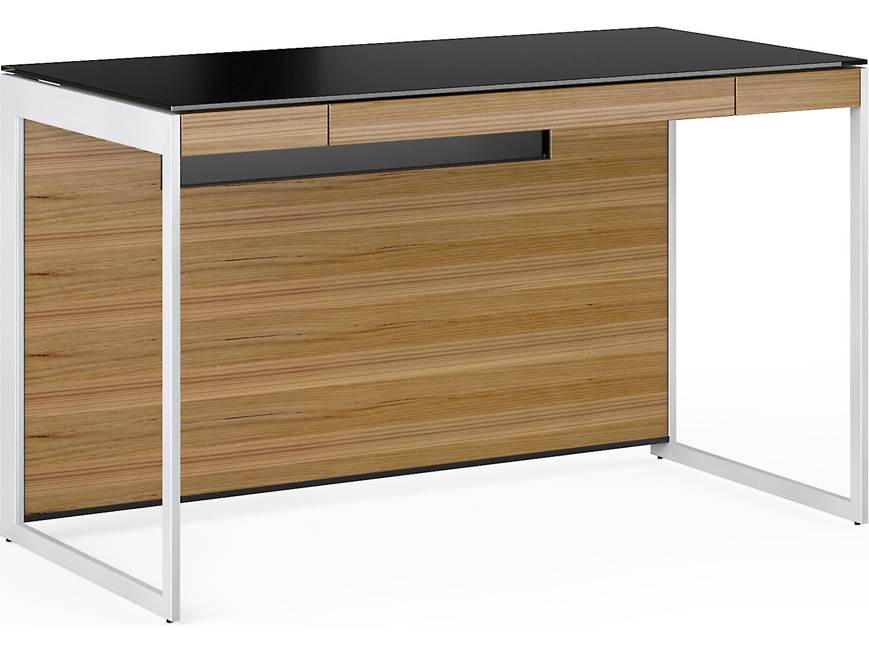 wood and metal desk with black top and drawers