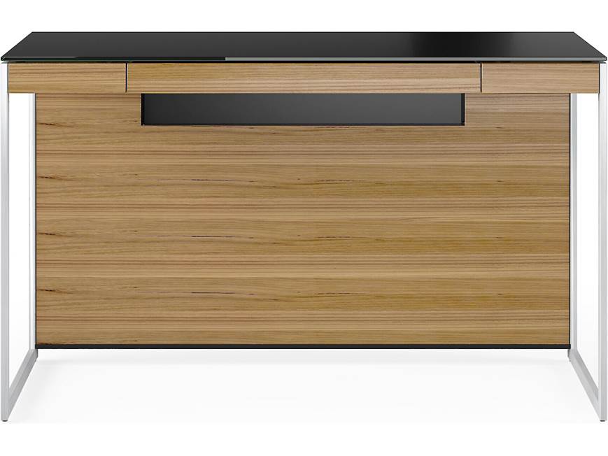 front view of the desk with black top and wood panel
